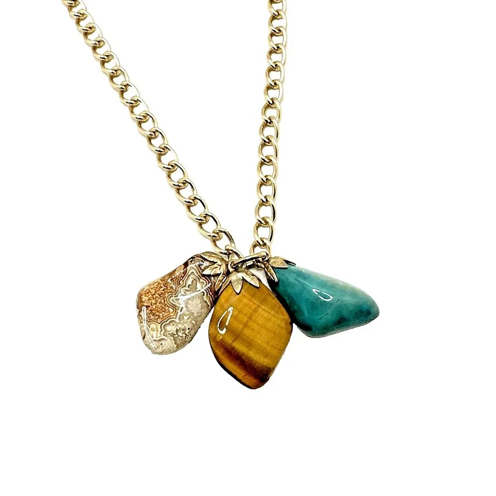 Vintage Organic Semi Precious Stone Pendant Necklace Gold Tone Dangles 30